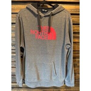 The North Face Red Logo Cotton Mens LRG Long Sleeve Gray‎ Pullover Hoodie EUC